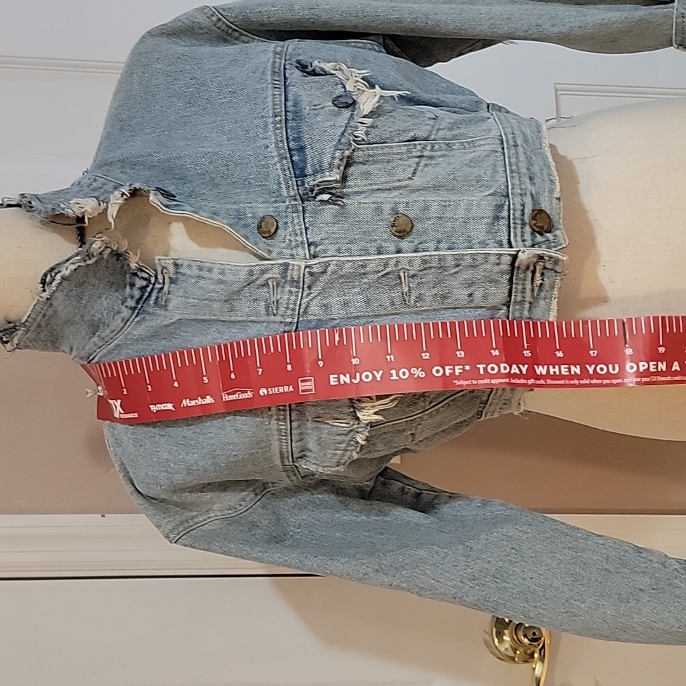 Denim Jacket- Crop Style- Vintage 90's Paris Blue Small-Distressed - Picture 8 of 10